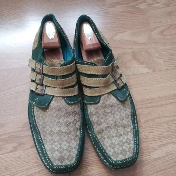 John Fluevog Green Suede Checkered Buckle Oxfords - Picture 1 of 7
